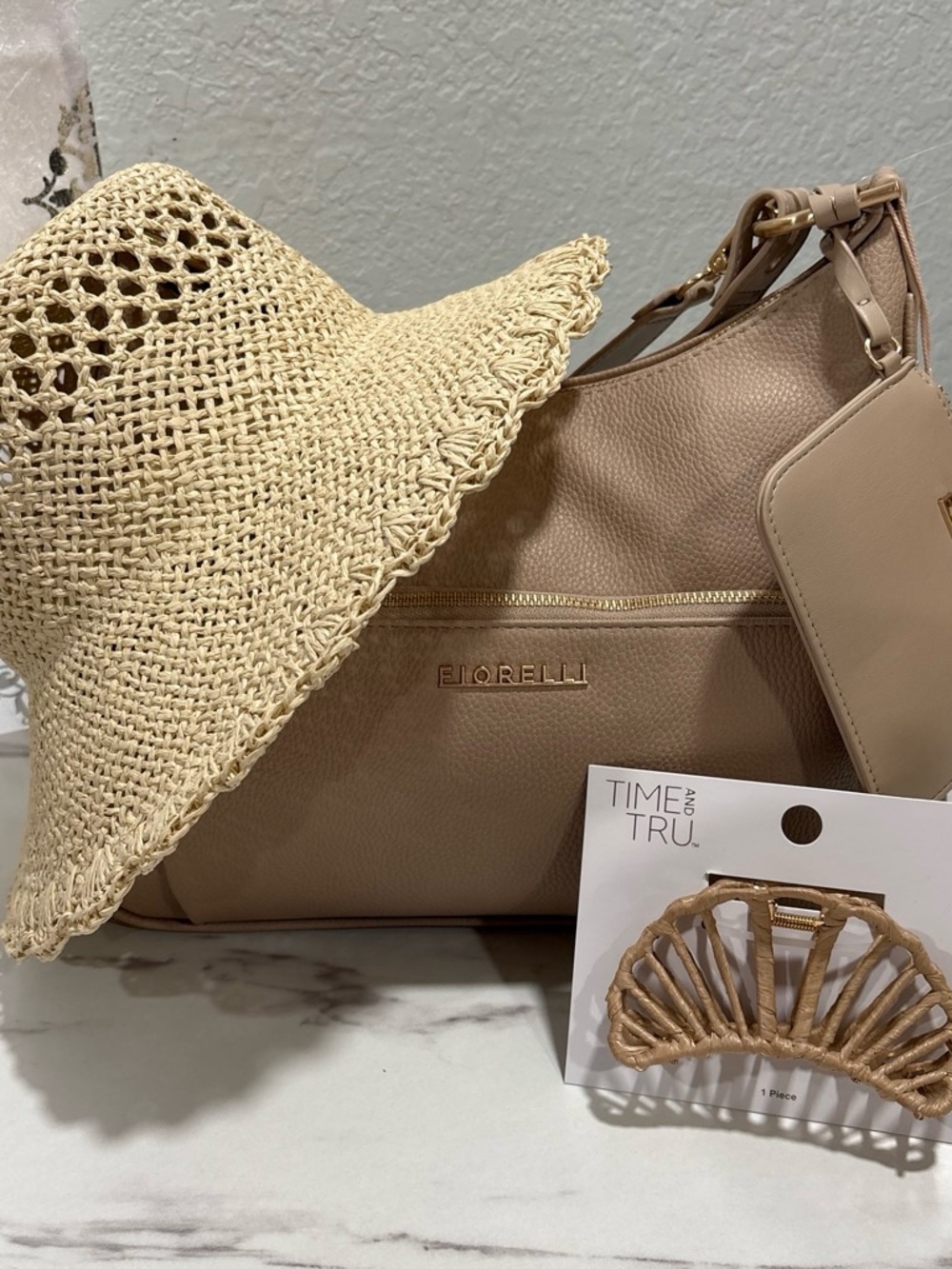 Fiorelli Beige Shoulder Bag - Elegant Neutral Tote with Straw Hat & Hair clip.